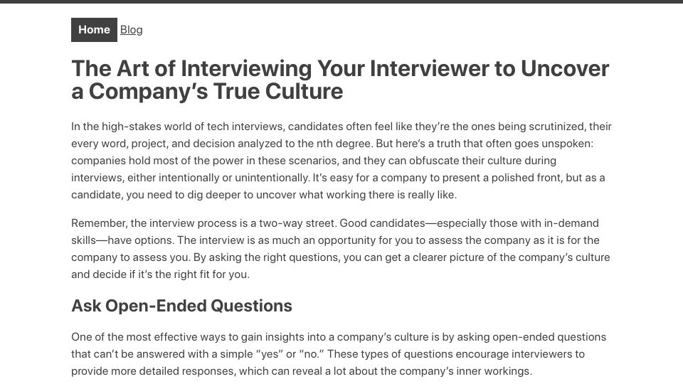 Screenshot of praachi.work: Interviewing the Interviewer: Questions to Uncover a Company's True Culture