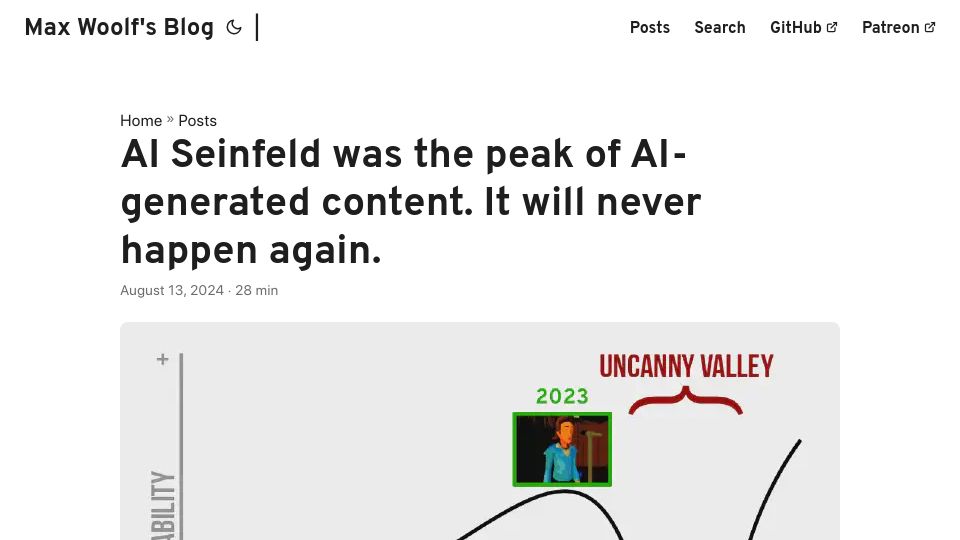 Screenshot of minimaxir.com: AI Seinfeld was the peak of AI-generated content. It will never happen again