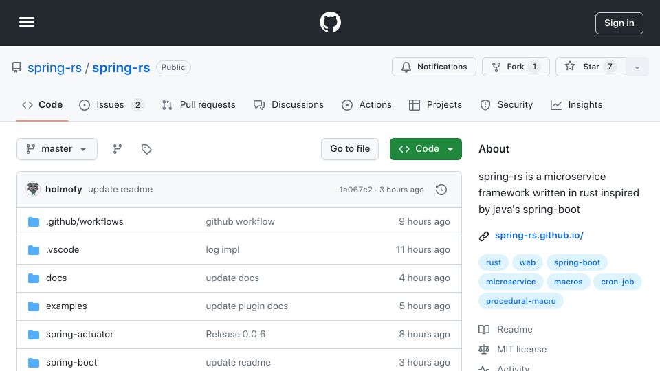 Screenshot of github.com: Spring-rs is a microservice framework in Rust inspired by Java's spring-boot