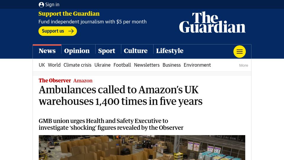 Screenshot of theguardian.com: Ambulances called to Amazon's UK warehouses 1,400 times in five years