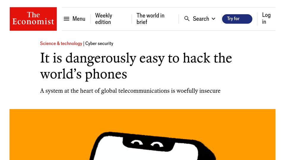 Screenshot of economist.com: It is dangerously easy to hack the worlds phones