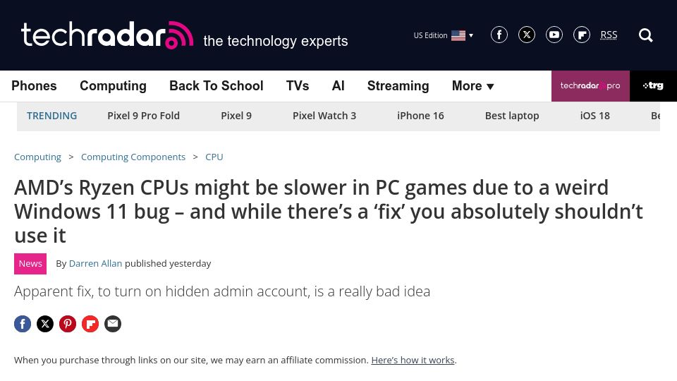 Screenshot of techradar.com: AMD's Ryzen CPUs might be slower in PC games due to a weird Windows 11 bug