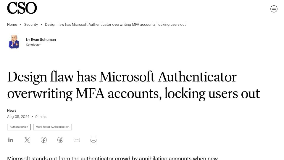 Screenshot of csoonline.com: Flaw has Microsoft Authenticator overwriting MFA accounts, locking users out