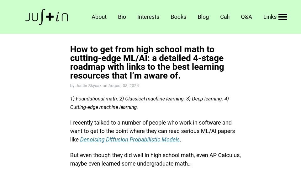 Screenshot of justinmath.com: How to get from high school math to cutting-edge ML/AI
