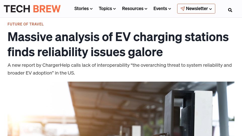 Screenshot of emergingtechbrew.com: Analysis of EV charging stations finds reliability issues galore