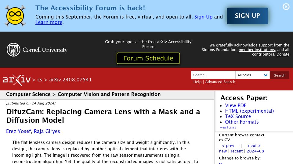 Screenshot of arxiv.org: DifuzCam: Replacing Camera Lens with a Mask and a Diffusion Model