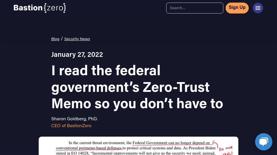 Screenshot of bastionzero.com: Summary of the USA federal government's zero-trust memo