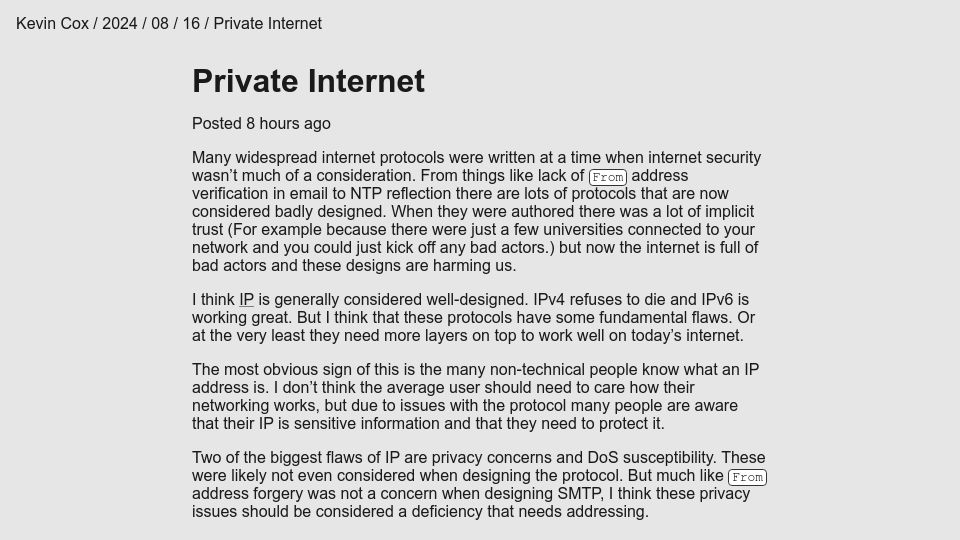 Screenshot of kevincox.ca: Private Internet