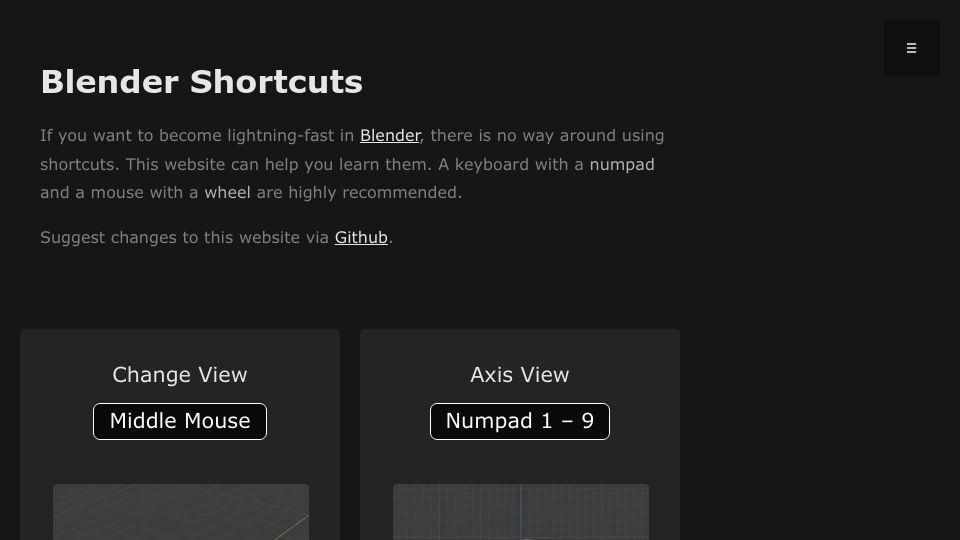 Screenshot of hollisbrown.github.io: Show HN: Learn Blender shortcuts with lots of tiny videos