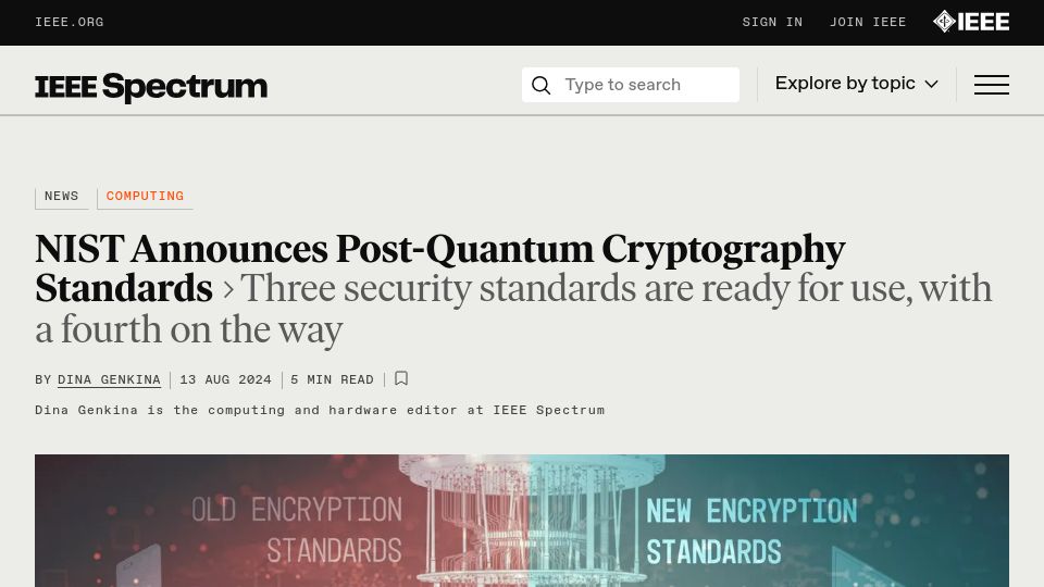 Screenshot of spectrum.ieee.org: NIST Announces Post-Quantum Cryptography Standards