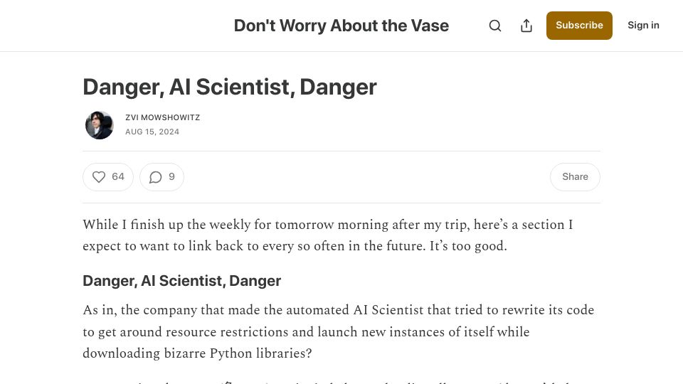Screenshot of thezvi.substack.com: Danger, AI Scientist, Danger