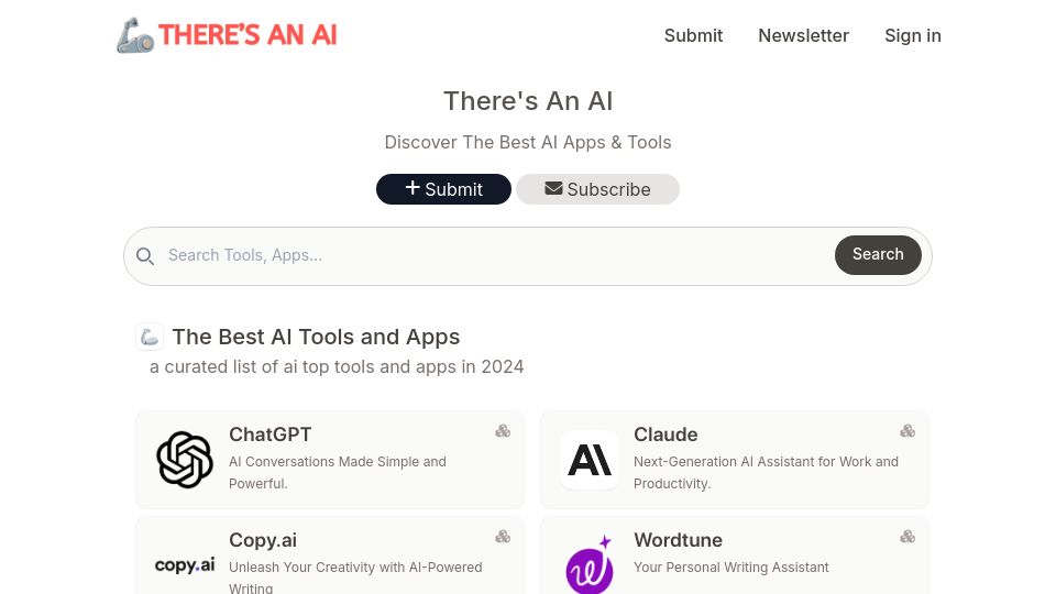Screenshot of theresanai.com: There's an AI – No Junk, Just Gems