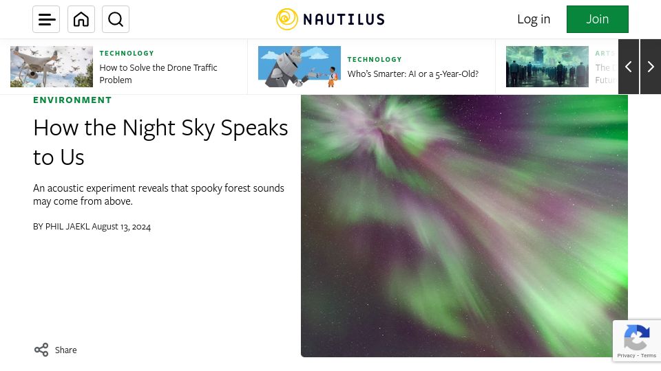 Screenshot of nautil.us: "Frost crack" sounds may come from sky, not trees