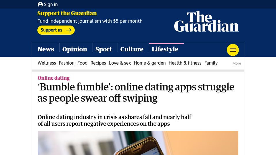 Screenshot of theguardian.com: Online dating apps struggle as people swear off swiping