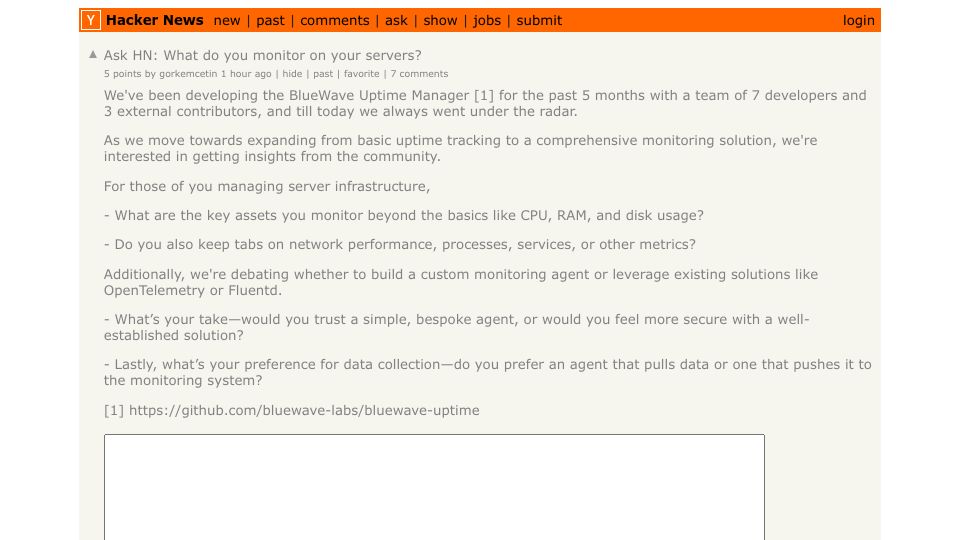 Screenshot of Hacker News post: Ask HN: What do you monitor on your servers?