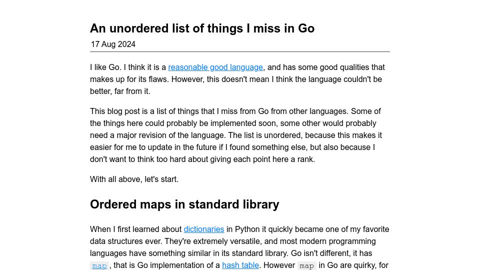 Screenshot of kokada.capivaras.dev: An unordered list of things I miss in Go