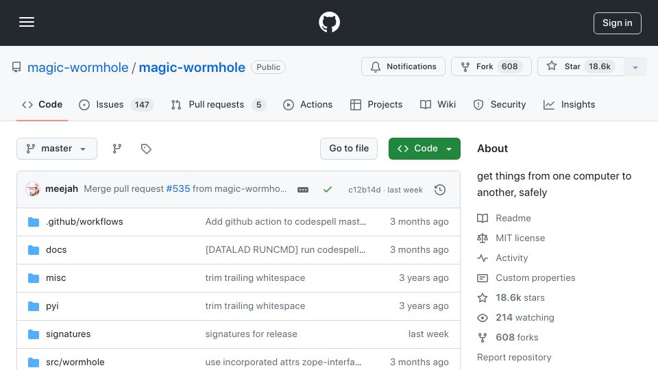 Screenshot of github.com: Magic Wormhole: get things from one computer to another, safely