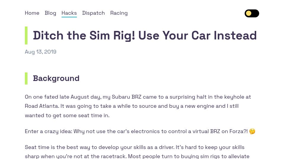 Screenshot of outlandnish.com: Ditch the sim rig and use your car instead (2019)