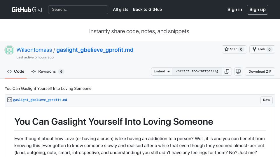 Screenshot of gist.github.com: You Can Gaslight Yourself into Loving Someone