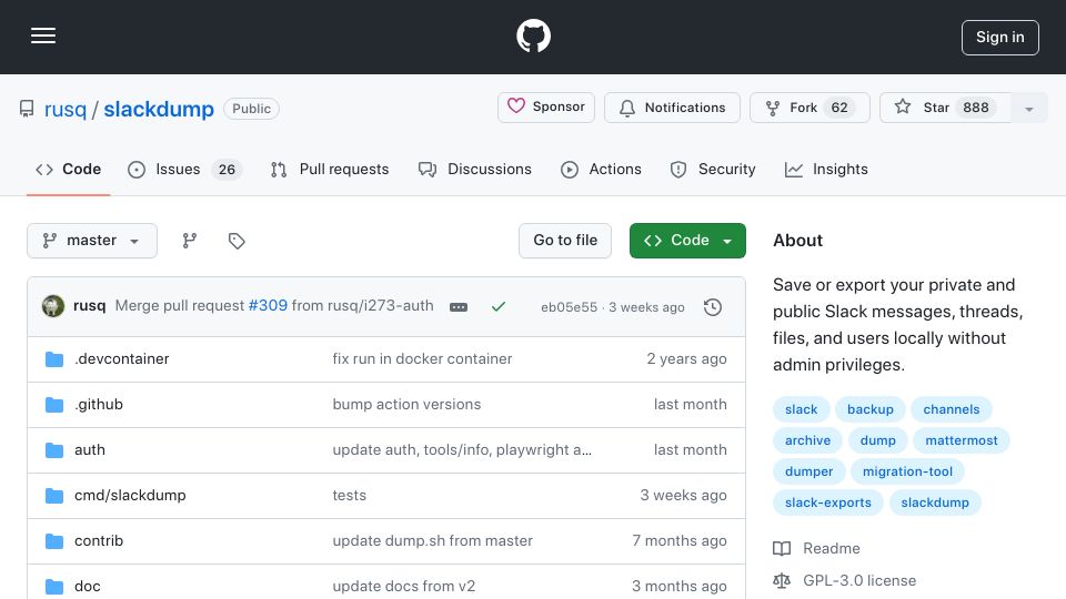 Screenshot of github.com: Slackdump