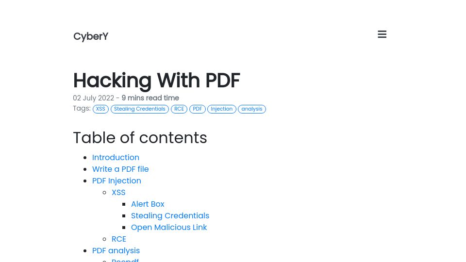 Screenshot of 0xcybery.github.io: Hacking with PDF (2022)