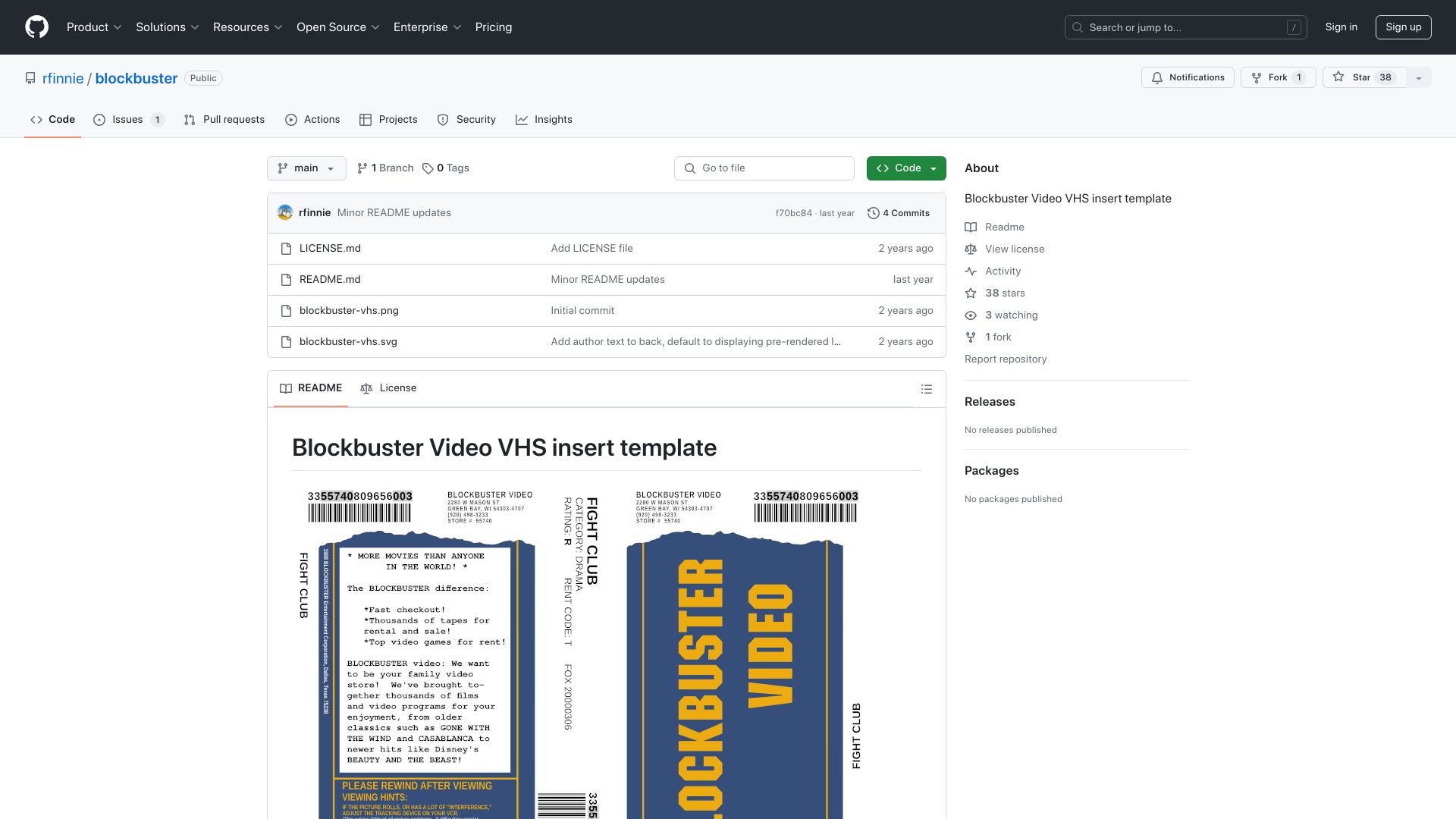 Screenshot of github.com: Blockbuster Video VHS insert template