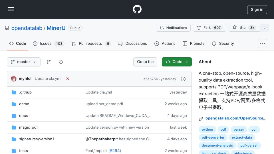 Screenshot of github.com: Open-source tool helps you convert PDF documents, web pages, etc., into Markdown