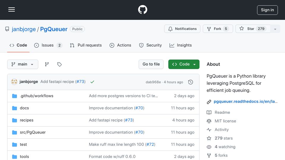 Screenshot of github.com: Show HN: PgQueuer – Transform PostgreSQL into a Job Queue