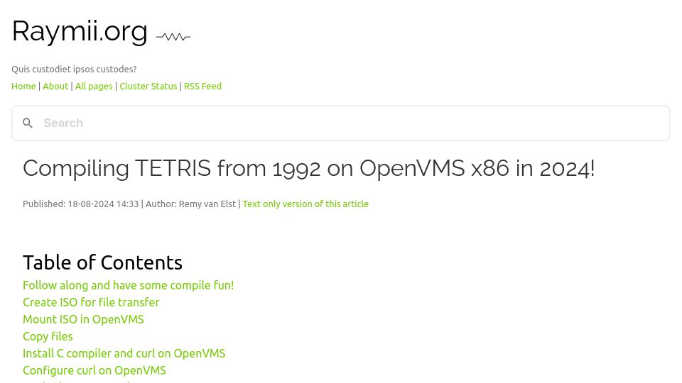 Screenshot of raymii.org: Compiling Tetris from 1992 on OpenVMS x86 in 2024