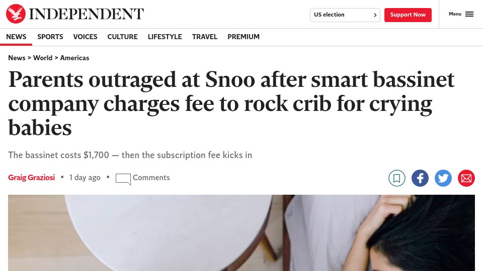 Screenshot of independent.co.uk: Parents outraged at Snoo after smart bassinet company charges fee to rock crib