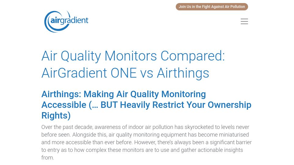 Screenshot of airgradient.com: Air Quality Monitors Compared: AirGradient One vs. Airthings
