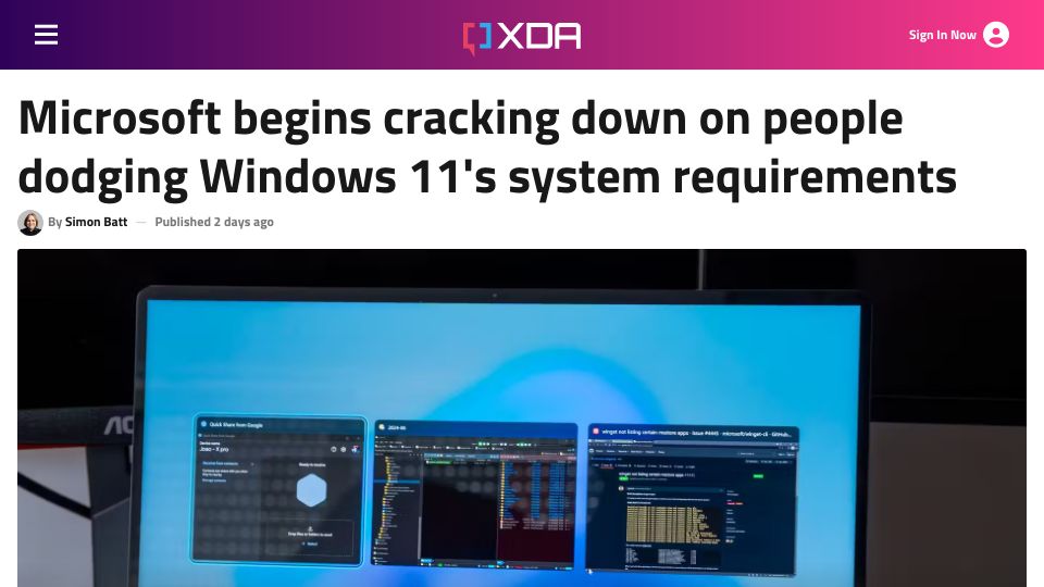 Screenshot of xda-developers.com: Microsoft begins cracking down on people dodging Windows 11 system requirements