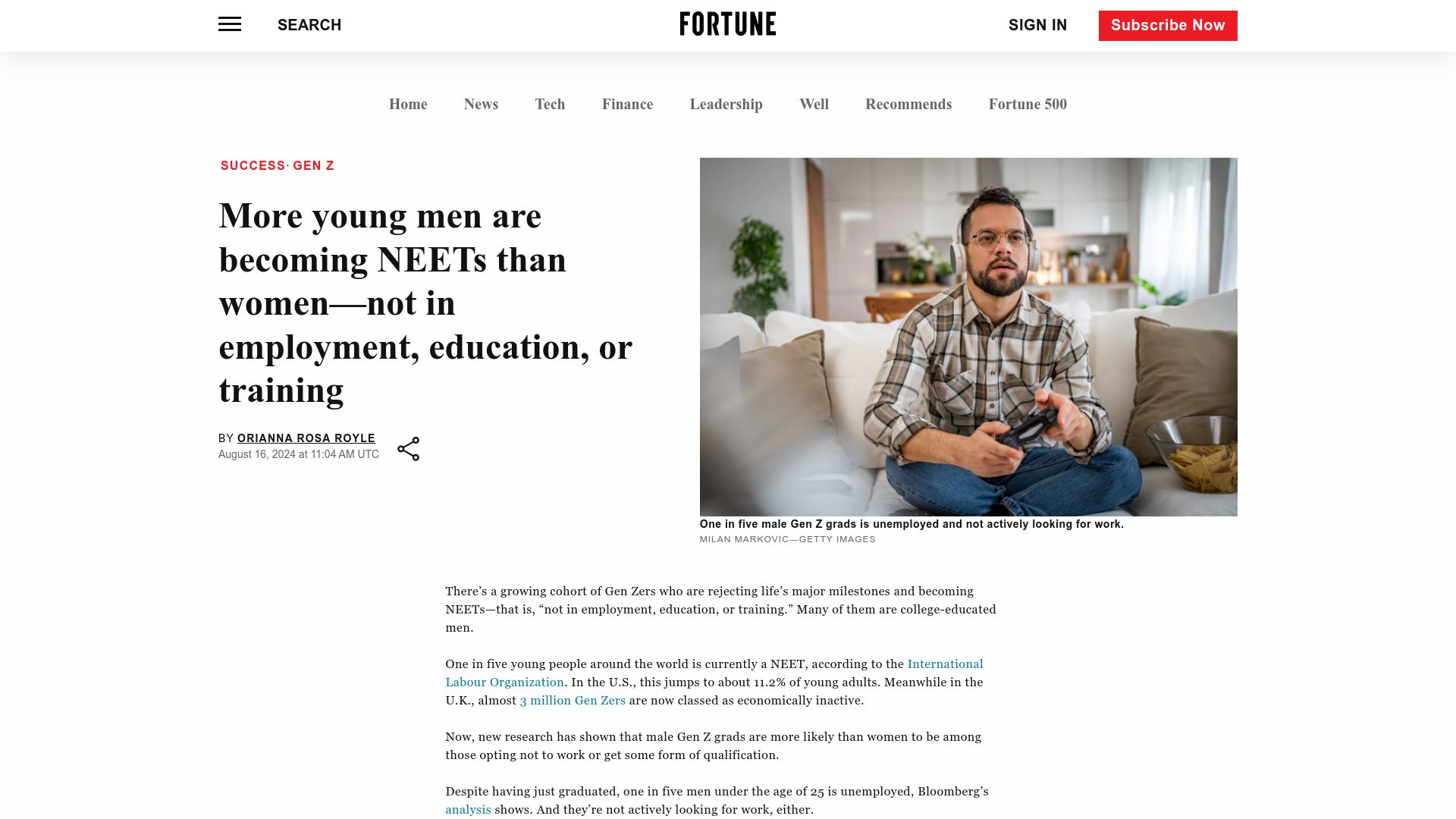 Screenshot of fortune.com: More young men are becoming NEETs than women