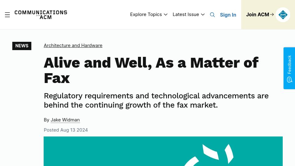 Screenshot of cacm.acm.org: Alive and Well, as a Matter of Fax