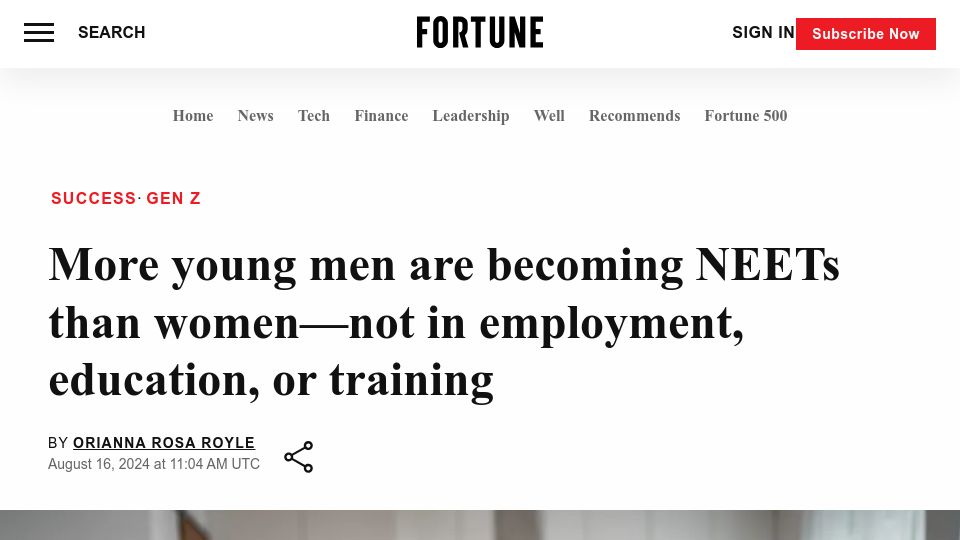 Screenshot of fortune.com: More young men are becoming NEETs than women