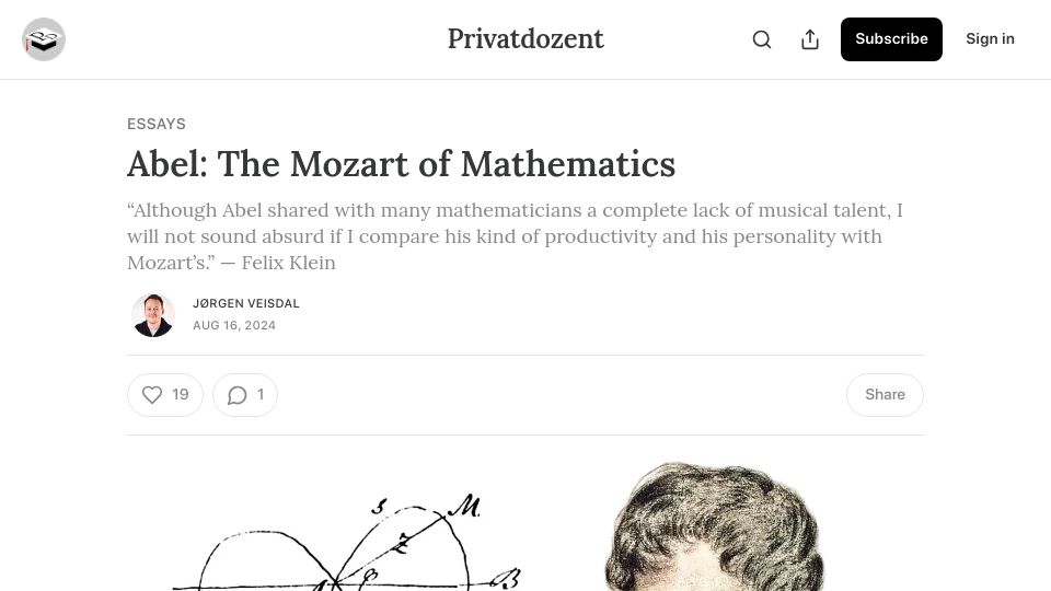 Screenshot of privatdozent.co: Abel, the Mozart of Mathematics