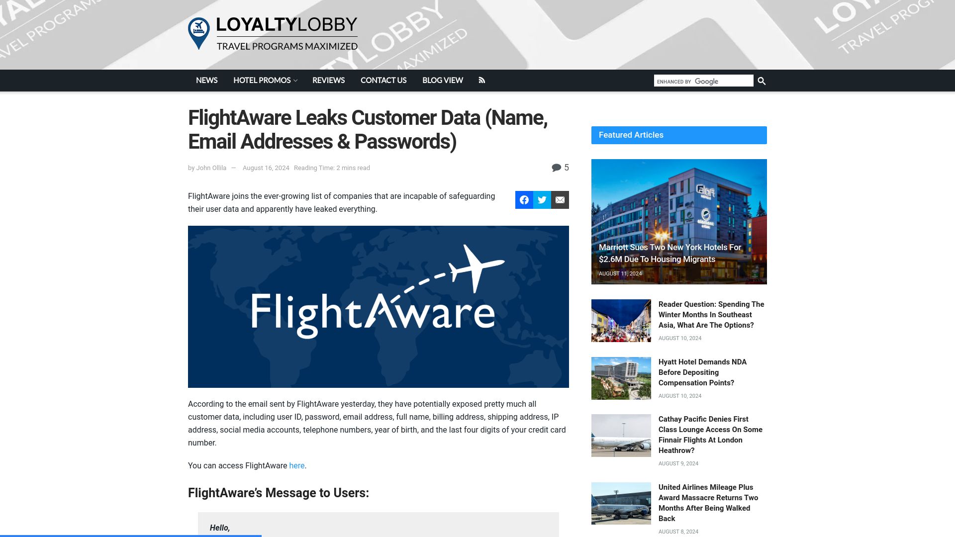 Screenshot of loyaltylobby.com: FlightAware Leaks Customer Data (Name, Email Addresses and Passwords)