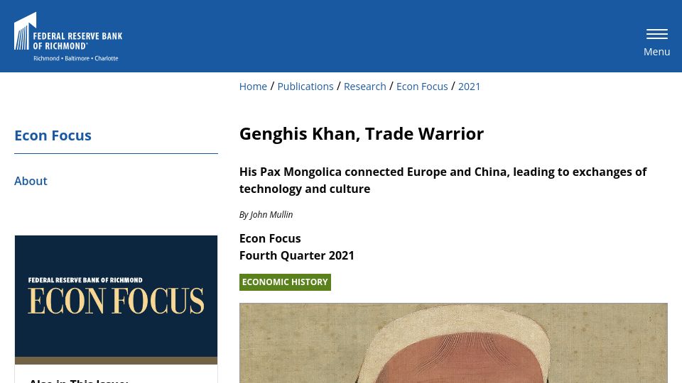 Screenshot of richmondfed.org: Genghis Khan, trade warrior (2021)