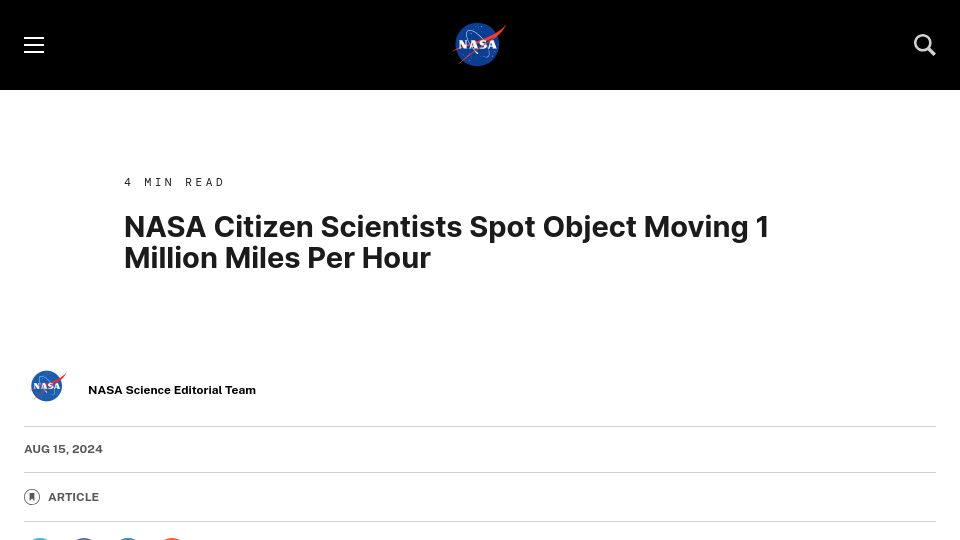 Screenshot of science.nasa.gov: NASA Citizen Scientists Spot Object Moving 1M Miles per Hour