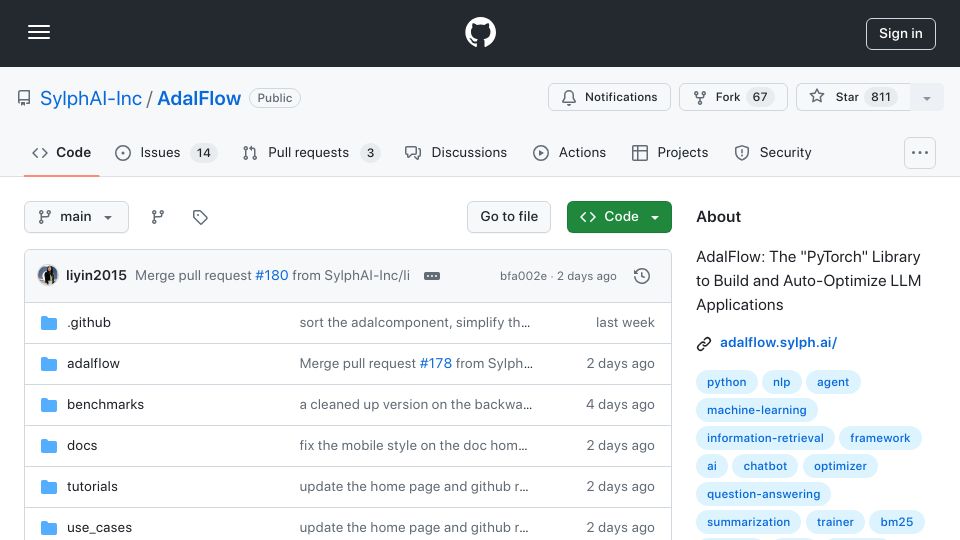 Screenshot of github.com: Show HN: AdalFlow: The library to build and auto-optimize any LLM task pipeline