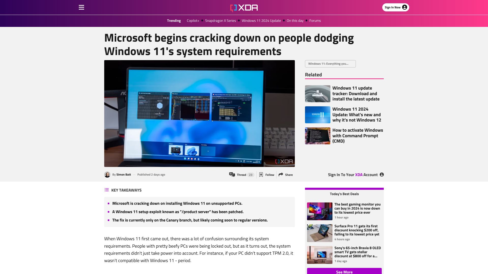 Screenshot of xda-developers.com: Microsoft begins cracking down on people dodging Windows 11 system requirements