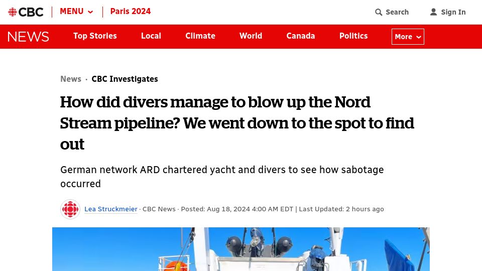 Screenshot of cbc.ca: How did divers manage to blow up the Nord Stream pipeline? We went to find out