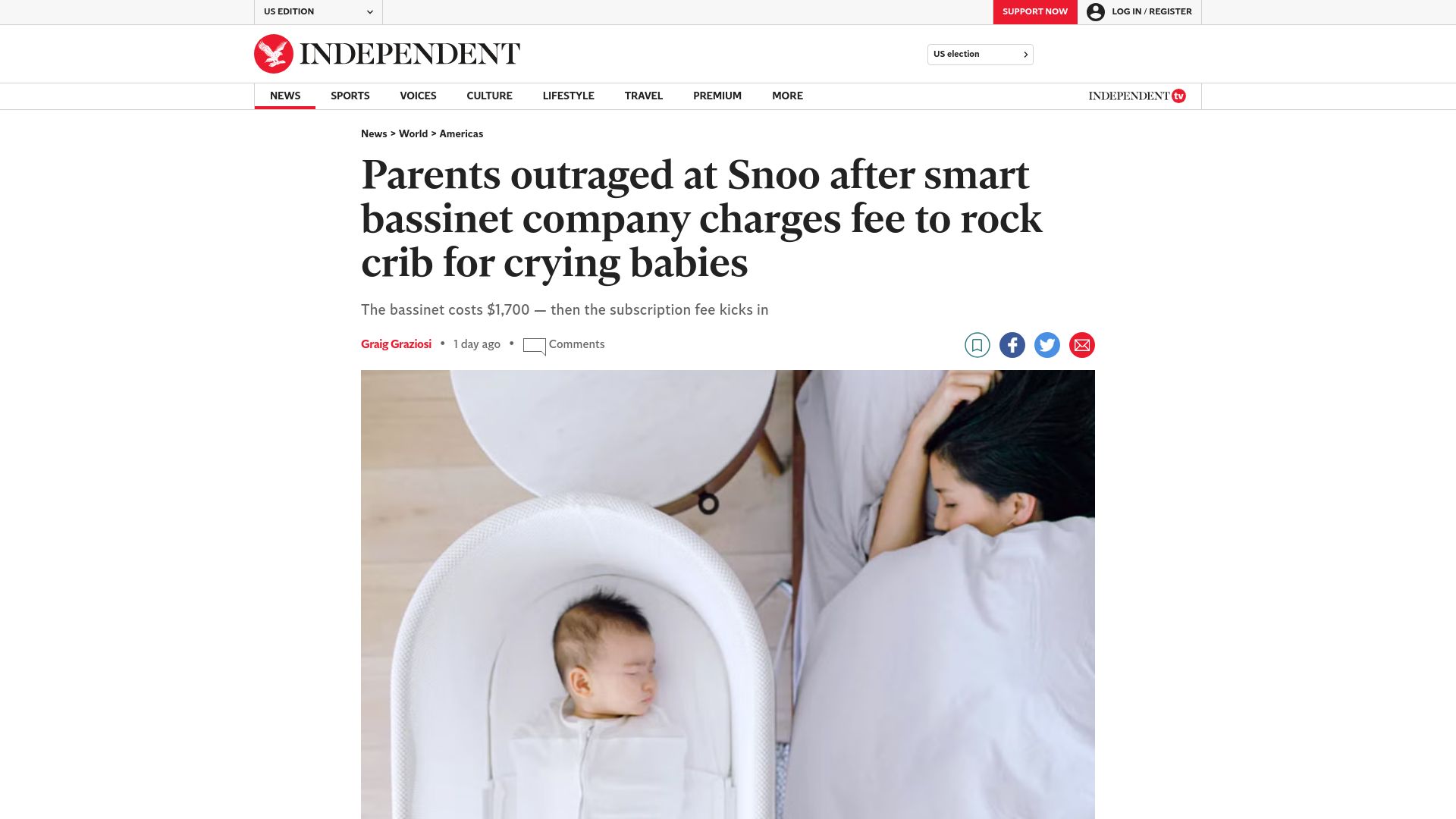 Screenshot of independent.co.uk: Parents outraged at Snoo after smart bassinet company charges fee to rock crib