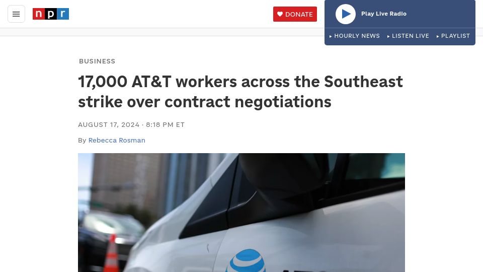 Screenshot of npr.org: 17,000 AT&T workers across the Southeast strike over contract negotiations