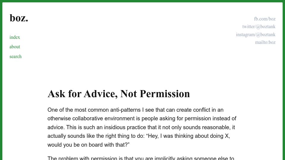 Screenshot of boz.com: Ask for Advice, Not Permission (2015)