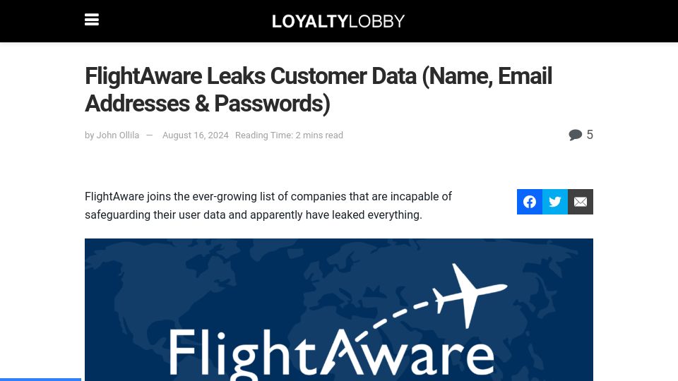 Screenshot of loyaltylobby.com: FlightAware Leaks Customer Data (Name, Email Addresses and Passwords)