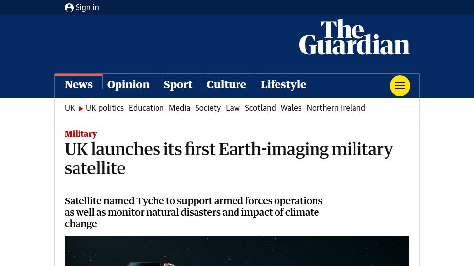 Screenshot of theguardian.com: UK launches its first Earth-imaging military satellite