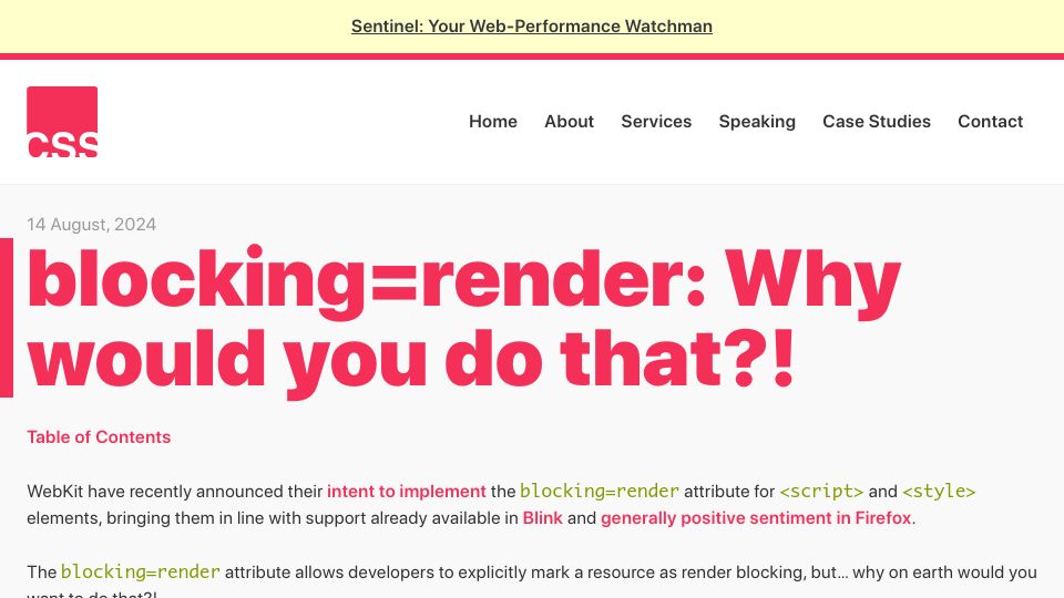 Screenshot of csswizardry.com: Blocking=render: Why would you do that?