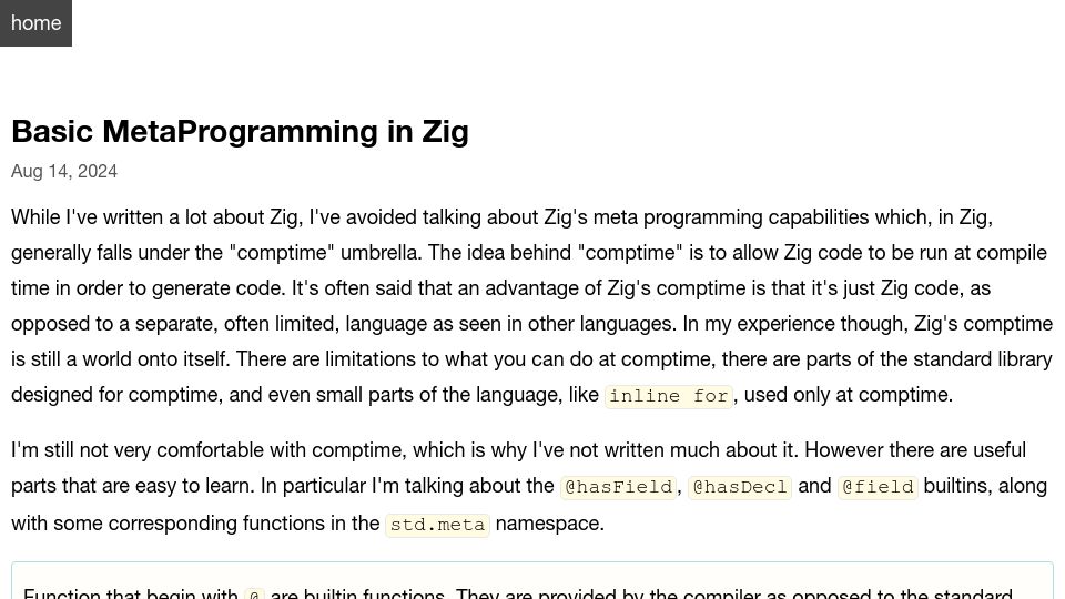 Screenshot of openmymind.net: Basic MetaProgramming in Zig