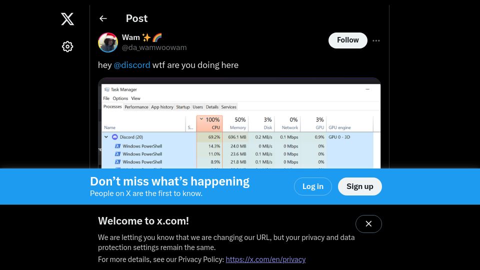 Screenshot of twitter.com: Discord runs Powershell on load to find Nvidia binaries